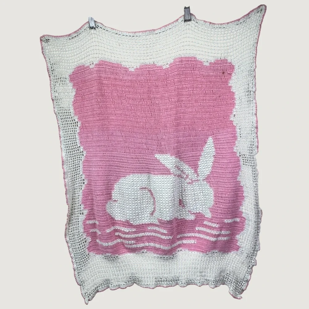 Handmade Vintage Crochet Baby Blanket Pink White Popcorn Stitch Bunny Rabbit